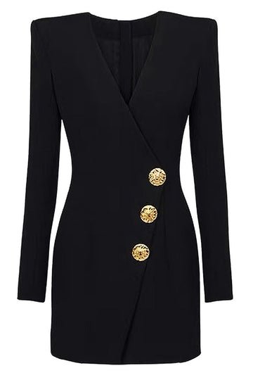 Svart V-hals Slim Fit Lang Kvinner Blazer